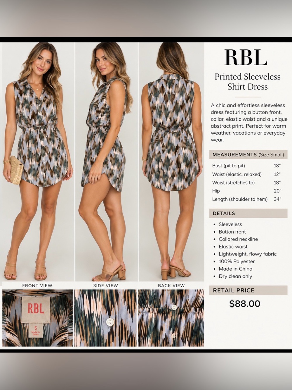 RBL Printed Halter Button - down Dress, Size S